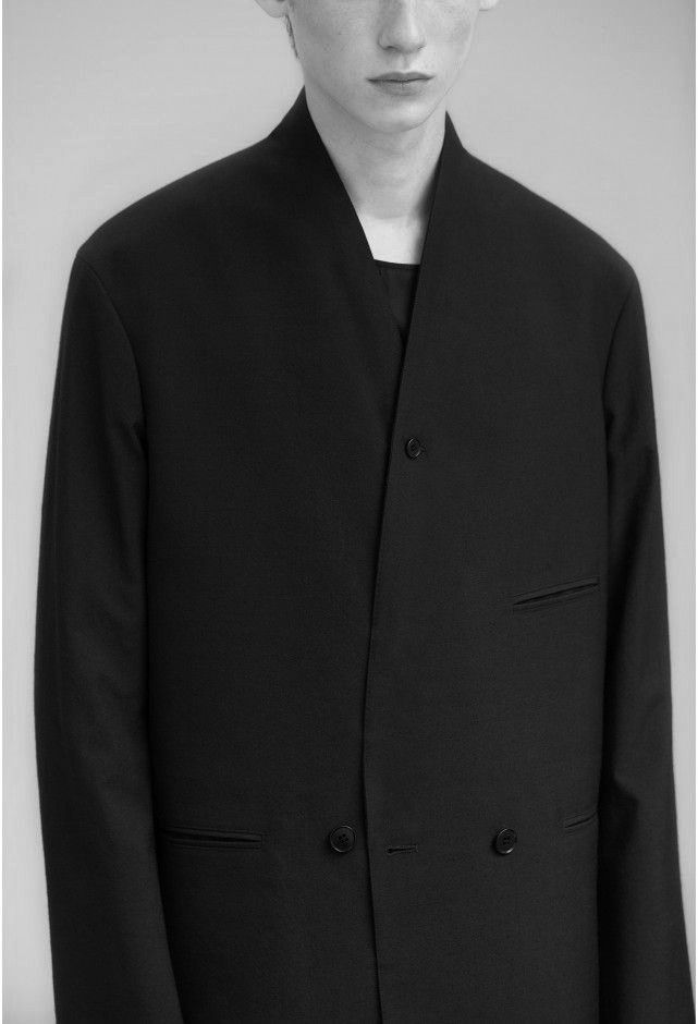 Black collarless double-breasted menswear jacket