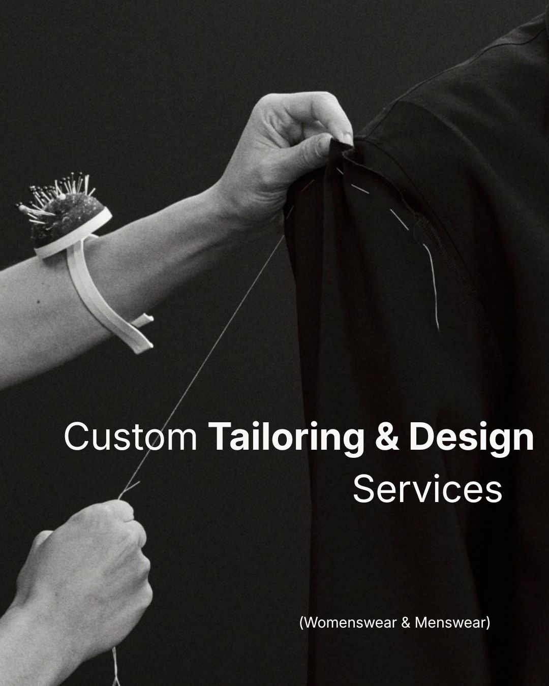 Custom tailoring and design services in London, womenswear and menswear: hands hand-stitching the shoulder of a black jacket