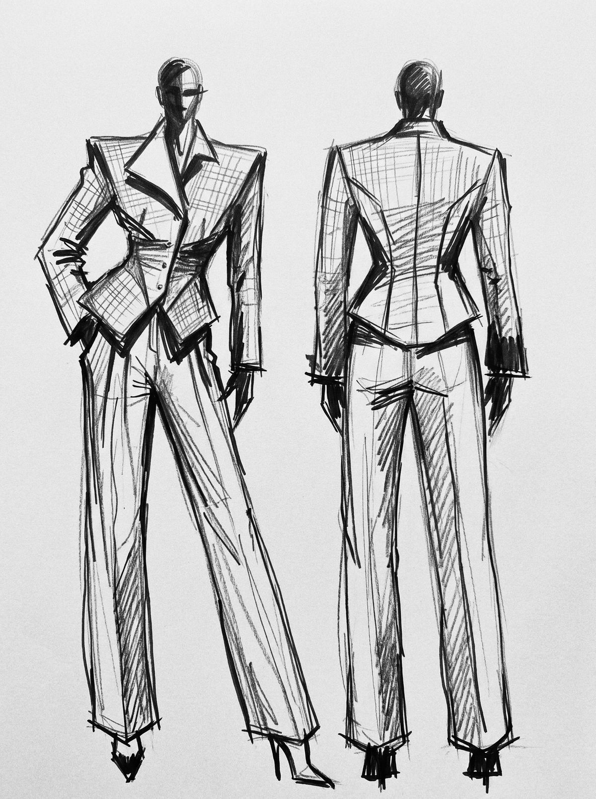 Pencil and ink design sketch of a tailored women's suit, front and back